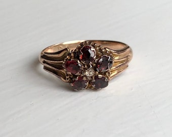 Victorian 9 Carat Gold Garnet Cluster with Diamond Cluster Ring