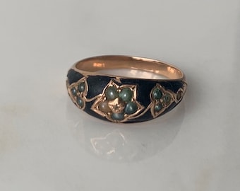 Antique 9 Carat Gold Pearl and Diamond Enamel Ring