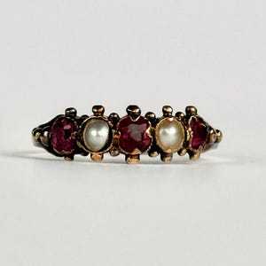 Antique 9 Carat Yellow Gold Ruby and Pearl Ring