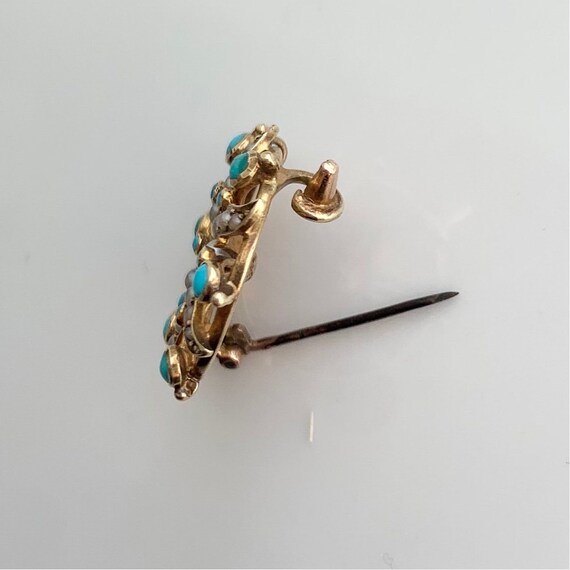 Antique 15 Carat Gold Pearl and Turquoise Brooch - image 3