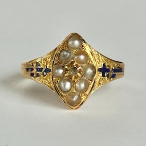 Antique Pearl and Diamond Blue Enamel Mourning Band Ring in 18ct Gold