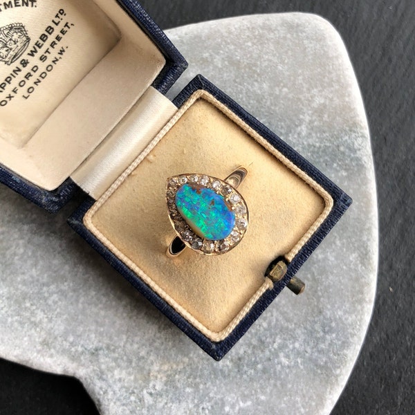 Victorian Pear Cut Black Opal And Diamond Ring