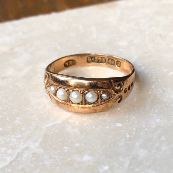 Antique Victorian 9 Carat Gold Pearl Five-Stone Ring