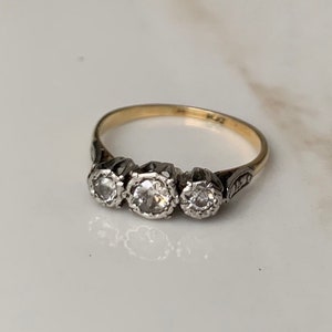 Vintage 18 Carat Yellow Gold and Platinum Three Stone Diamond Ring