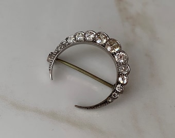 Antique 18 Carat White Gold Diamond Moon Brooch