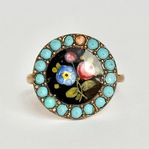 Antique 9 Carat Gold Handpainted Turquoise Ring