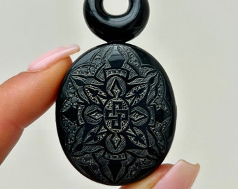 Victorian Engraved Jet Locket Pendant, Chunky Open Design
