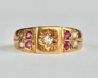 Victorian 15 Carat Yellow Gold Pearl, Ruby and Diamond Ring