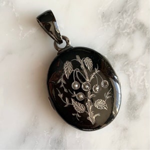 Antique Black Enamel and Silver Seed Pearl Locket