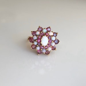Vintage 9 Carat Yellow Gold Ruby and Opal Large Cluster Ring