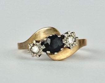 Vintage 9 Karat Gold Sapphire & Diamond Cross-Over Ring