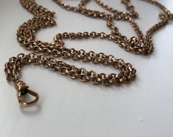 May include: A gold chain with a small hook at the end. The chain is made of small, linked circles.
