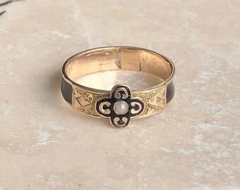 Antique 9 Carat Gold and Seed Pearl Mourning Ring