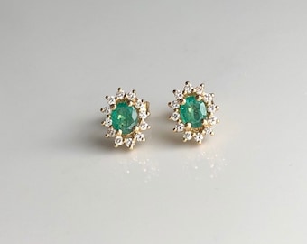 Vintage Pair of 9 Carat Yellow Gold Diamond and Emerald Cluster Earrings in a Box