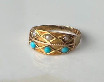 Antique 15 Carat Gold Turquoise and Pearl Ring
