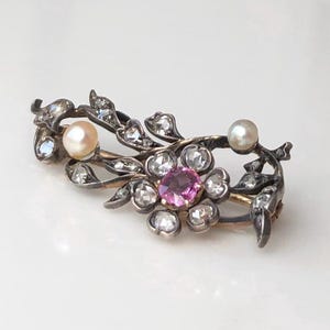 Antique 9 Carat Gold Silver Set Rose Cut Diamond, Pearl and Pink Sapphire Brooch