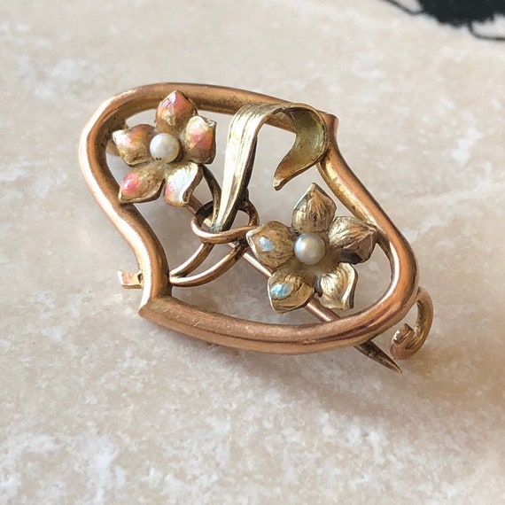 Vintage 9 Carat Gold Art-Nouveau Enamel Brooch - image 1