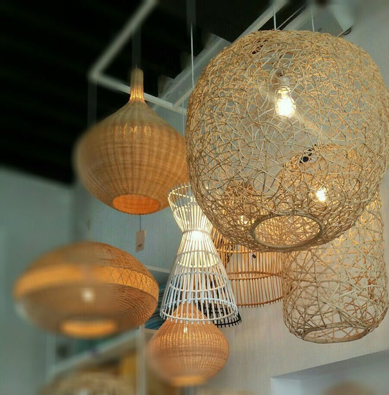 Large wicker pendant light shade Round Woven bamboo pendant Etsy