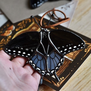 Spicebush Swallowtail Stained Glass Butterfly | Black and Gray Butterfly | Glass Art | Glass Wings | Car Mirror Hanger | Suncatcher