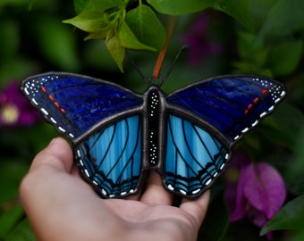 Blue Stained Glass Butterfly | Suncatcher | Butterfly Art | Nature Love | Red Spotted Purple Butterfly | Glass Wings | Car Mirror Hanger