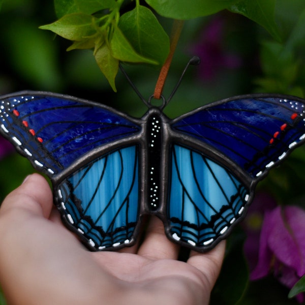Blue Stained Glass Butterfly | Suncatcher | Butterfly Art | Nature Love | Red Spotted Purple Butterfly | Glass Wings | Car Mirror Hanger