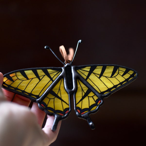 5” Yellow Tiger Swallowtail Stained Glass Butterfly | Christmas Ornament | Glass Wings | Car Mirror Hanger | Suncatcher | Nature Lover