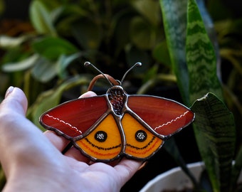 Peacock Moth | Io Moth | Automeris Io Moth | Brick Red and Yellow Moth | Moth Suncatcher | Car Mirror Hanging | Stained Glass Moth