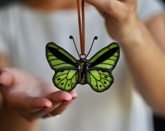 Green Stained Glass Butterfly | Common Green Birdwing | Christmas Ornament | Car Mirror Hanger | Suncatcher | Nature Lover | Wildlife Art