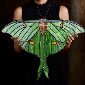 Large Stained Glass Green Luna Moth | Stained Glass Suncatcher | Graellsia Isabellae | Botanical | Giant Handcrafted Spanish Luna Moth