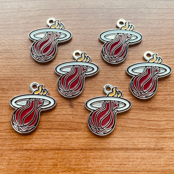 New! Wholesale lot Set of 6 Miami Heat Red White Yellow Enamel Silver Logo Charm Pendants NBA DIY bead bracelet jewelry basketball fan