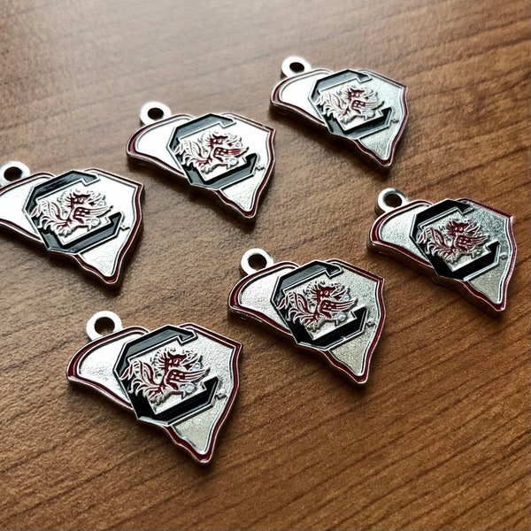 Set of 6 USC Gamecocks red black enamel University of South Carolina State-shaped Silver Charms Pendants NCAA DIY bead bracelet jewelry