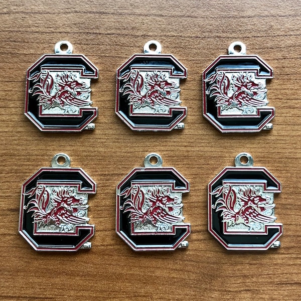 Wholesale lot Set of 6 Red Blk Enamel University of South Carolina Gamecocks USC logo Silver Charms Pendants NCAA DIY bead bracelet jewelry