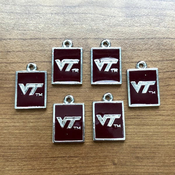 new Wholesale lot, Set of 6: Virginia Tech Hokies VT Logo Maroon Enamel and Silver 2-sided Charms Pendants NCAA DIY bead bracelet jewelry
