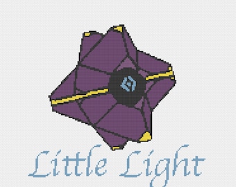 Pode incluir: Uma imagem pixelada de um "Ghost" do jogo Destiny, em roxo e amarelo. O texto "Little Light" está abaixo da imagem.