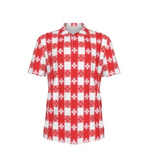 May include: A short-sleeved red and white checkered polo shirt with a floral pattern. The shirt has a collar and a partial zipper closure. The pattern is a grid of red and white squares with a floral design in the center of each red square.