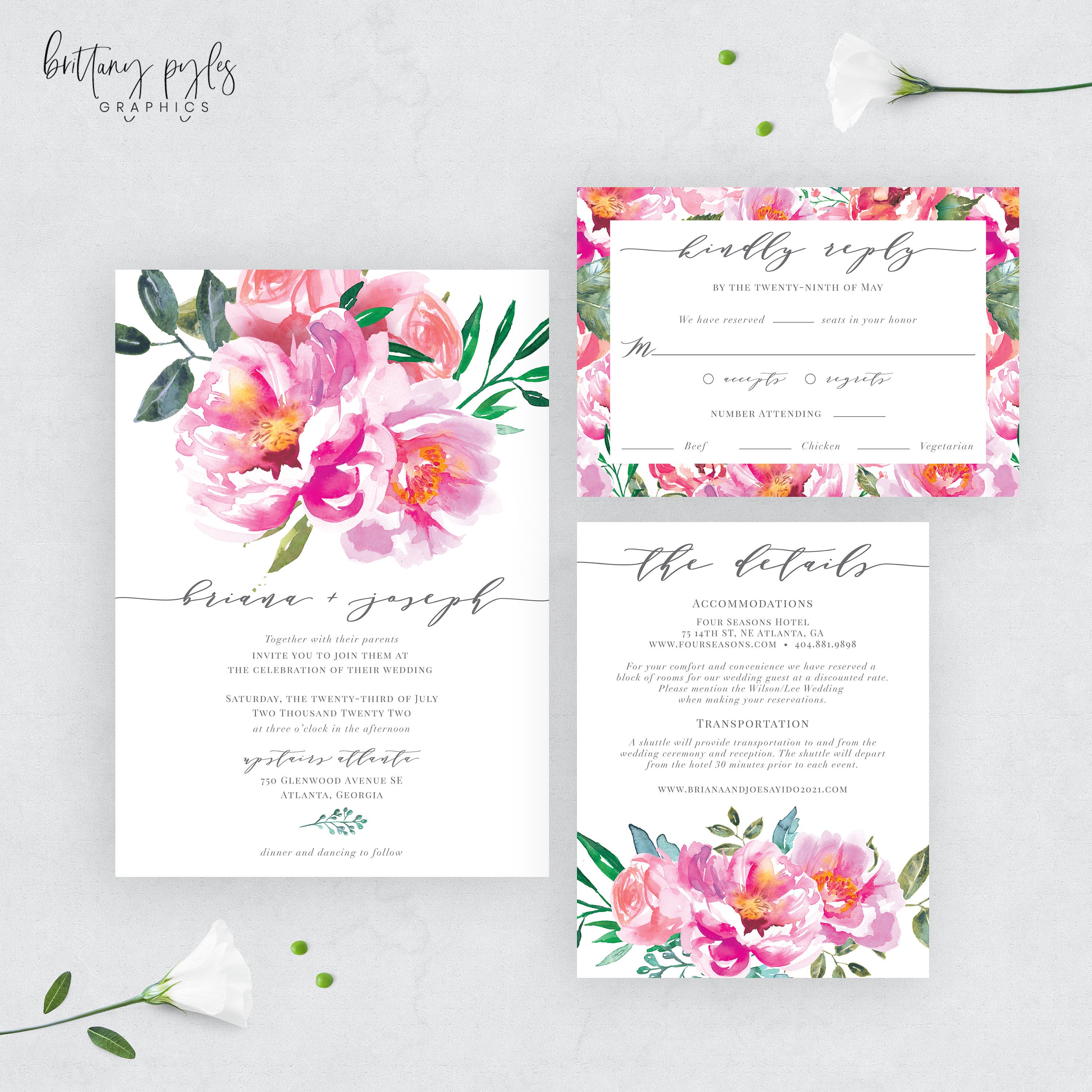 Hot Pink Wedding Invitation Set Pink Watercolor Floral Etsy