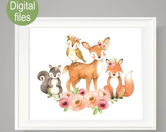 woodland nursery wall decor digital printable files fox nursery owl nursery deer nursery wall prints wall poster watercolor woodland animals