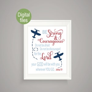 airplane nursery wall decor baby boy nursery baby boy airplane nursery wall art be strong and courageous instant download joshua 1:9 print