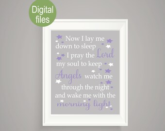 Now I lay me down to sleep wall decor wall print inspirational baby girl nursery purple and gray wall decor shower gift printable file stars