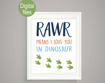 dinosaur wall decor rawr means I love you in dinosaur nursery wall art digital file printable dinosaur room wall art T rex navy and orange