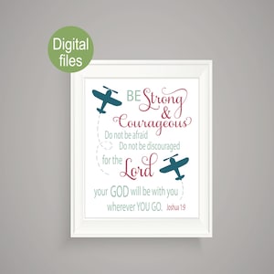 airplane nursery wall decor baby boy nursery baby boy airplane nursery wall art be strong and courageous instant download joshua 1:9 print