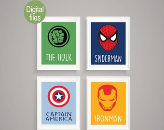 superhero wall decor bedroom decor Captain America Ironman Spider man the hulk bathroom wall decor kids bedroom wall decor instant file