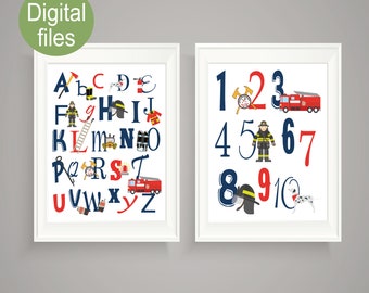 fire truck nursery wall decor fire fighter nursery baby boy nursery fire theme alphabet abc 123 numbers toddler room decor fire truck boy