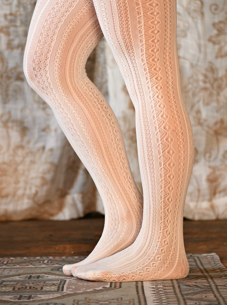 Women S Lace Stockings Stretchy Lace Tights Ivory Etsy