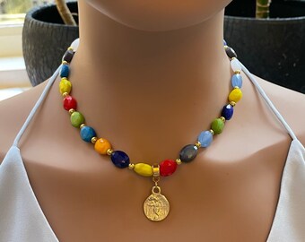 Multi Coloured Necklace for Women, Crystal Bead Choker for Daughter, Gold Pendant Jewelry for Daughter, Mother’s Day Gift Ideas for Mom