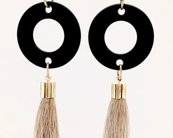 Tassel Earrings Gold, Silk Tassel Earrings, Boho Tassel Earrings, Black Circle Earrings, Taupe Earrings, Christmas Gift for Her