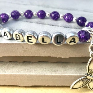 Name Bracelets Beaded, Initial Bracelet for Women, Custom Charm Bracelet for Girls, Purple Quartz Crystal Beads, Mothers Day Gift Bracelets image 1