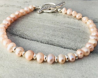 Freshwater Pearl Jewellery Bracelet Sterling Silver, Pink Pearl Bridesmaid Bracelet, June Birthstone Jewelry Gifts, Pearlcore for Women