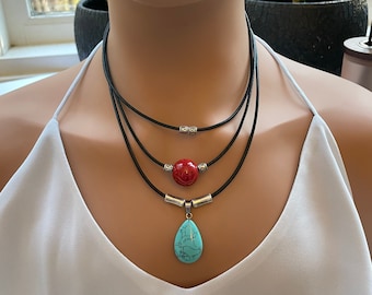 Turquoise and Beaded Necklace for Women, Chunky Choker with Pendant for Girlfriend, Triple Strand Turquoise Necklace, December Birthstone