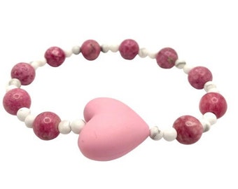 Pink Jade Bracelet for Women, Heart Stretch Bracelets for Girls, Howlite Jewelry for Her, Mothers Day Gift for Mom, Valentines Day Gift Teen